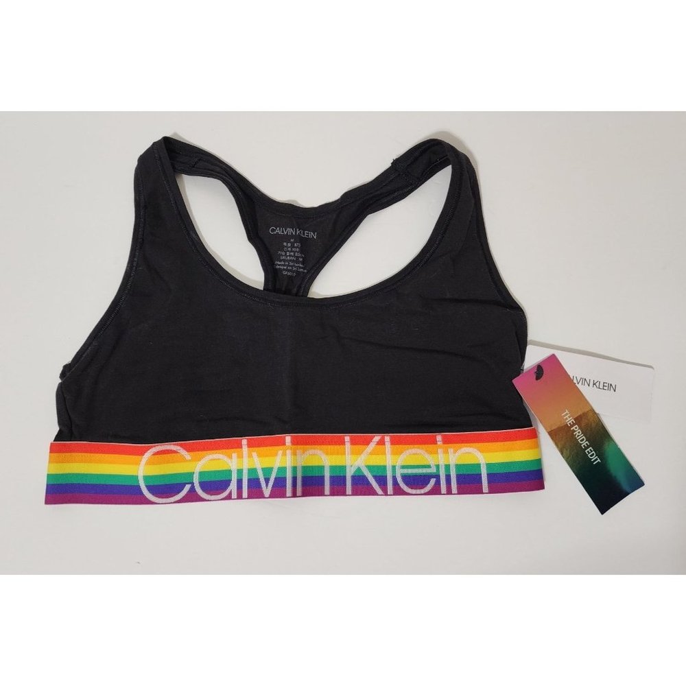 CALVIN KLEIN Women's Sports Bra Rainbow Elastic Hem Medium Support Black QF6010